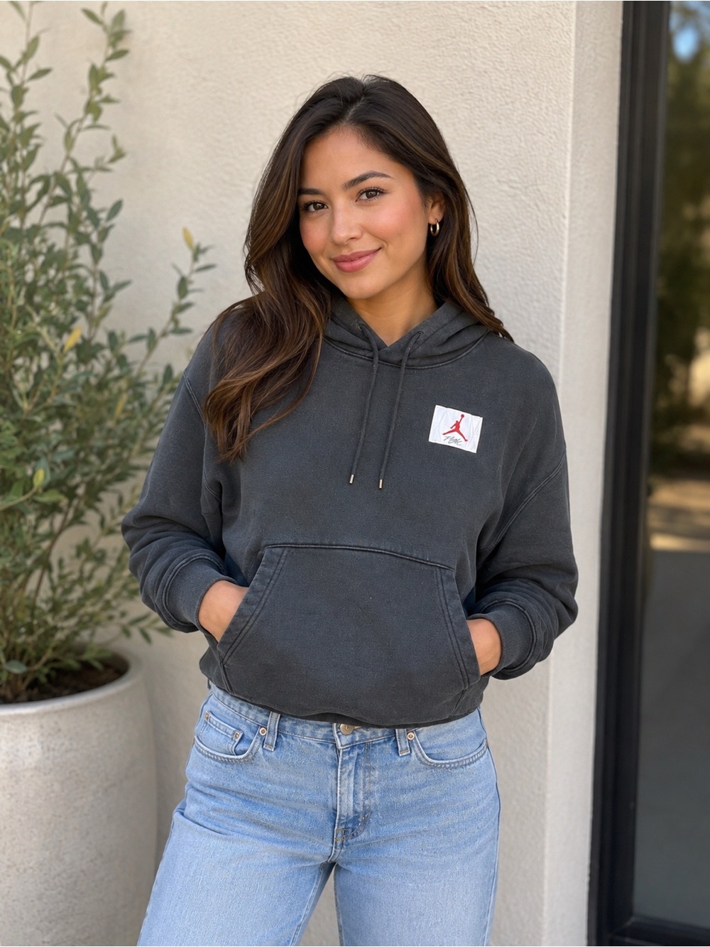 Jordan Women's Charcoal Black Cropped Hoodie with Red Jumpman Patch